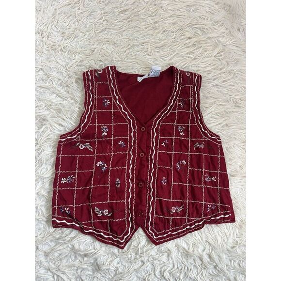 Bobbie Brooks Woman Large Brick Red Floral Check Embroidered Cottagecore Vest - Picture 1 of 9